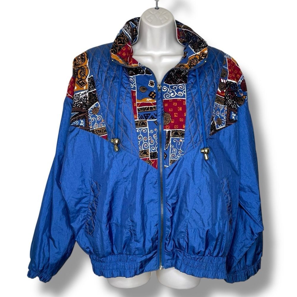 Vintage River Edge Quilted Colorblock Blue Puffy Jacket Funnel Neck Women Large